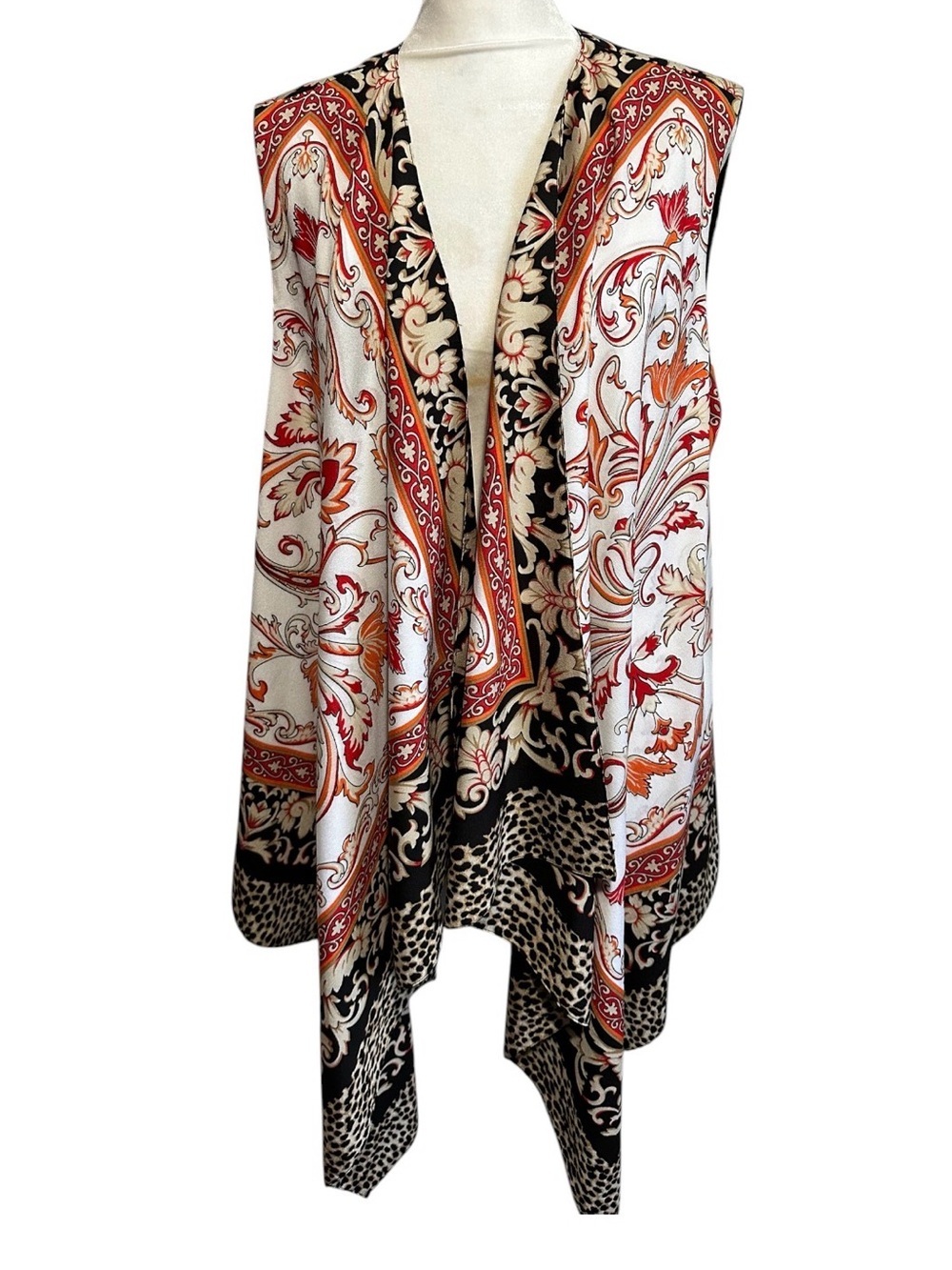 Chico's Floral Paisley Open-Front top in Black, Cream, Orange size 3